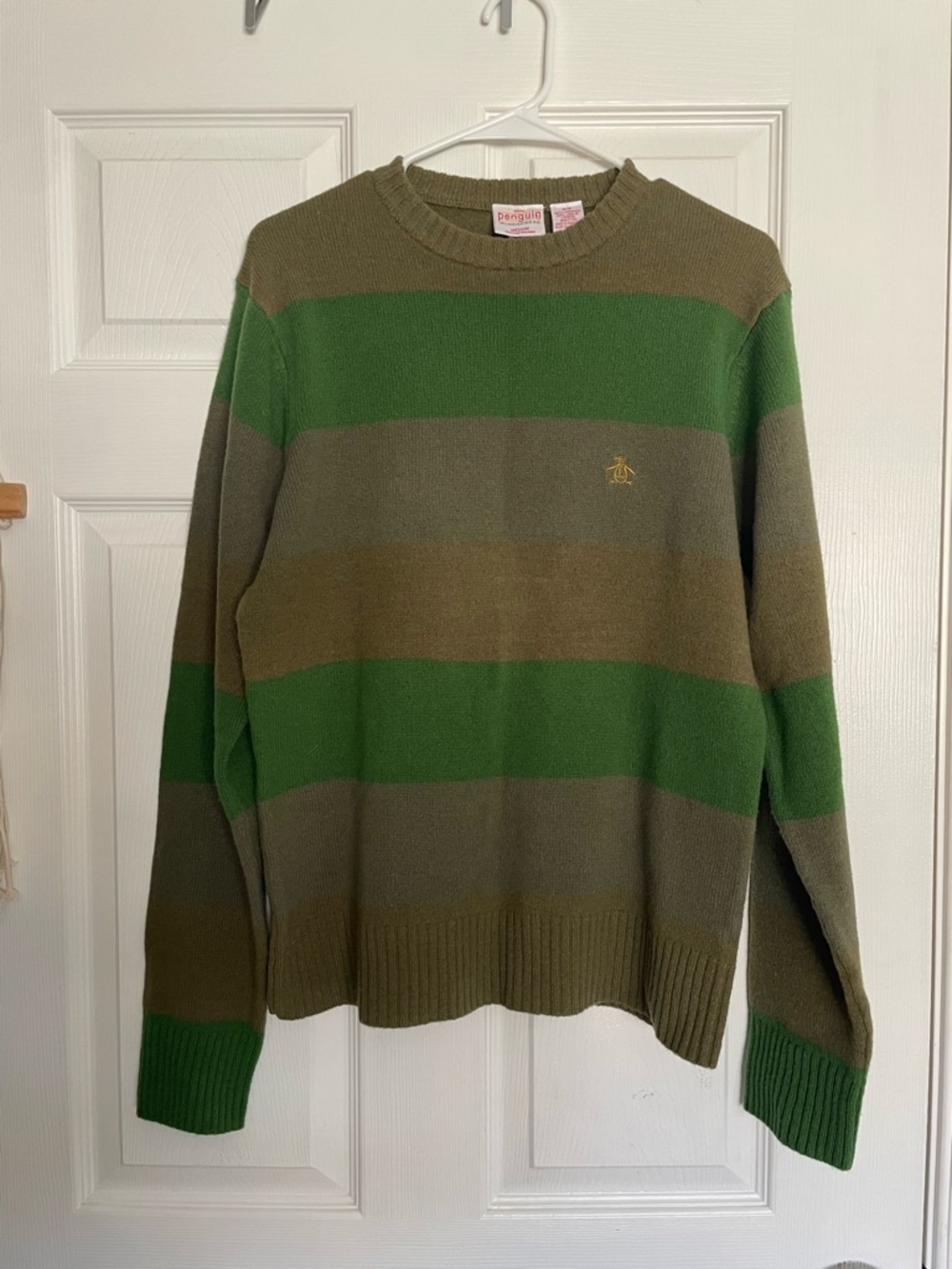 NWT Vintage Original Penguin 100% Lambswool Multi Green Striped Crewneck Sweater